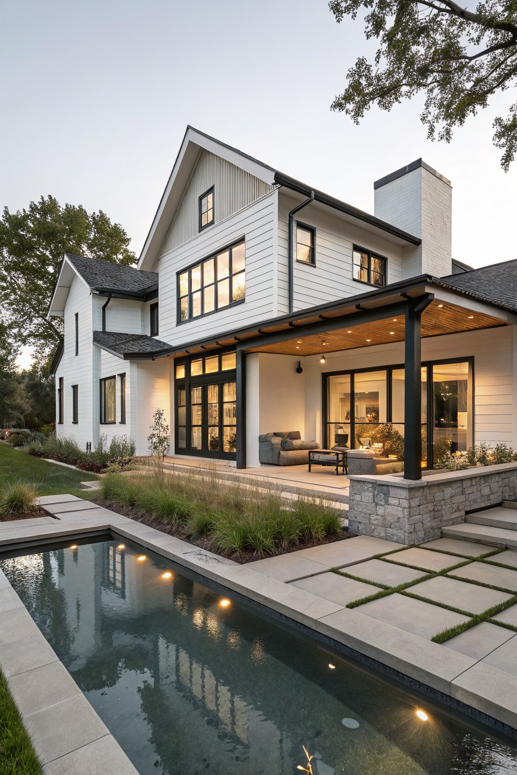 Rear exterior of a two-story white modern farmhouse with black-trimmed windows and sliding glass doors opening to a covered porch, outdoor seating, stone steps, and a lit rectangular reflecting pool surrounded by pavers and grasses.