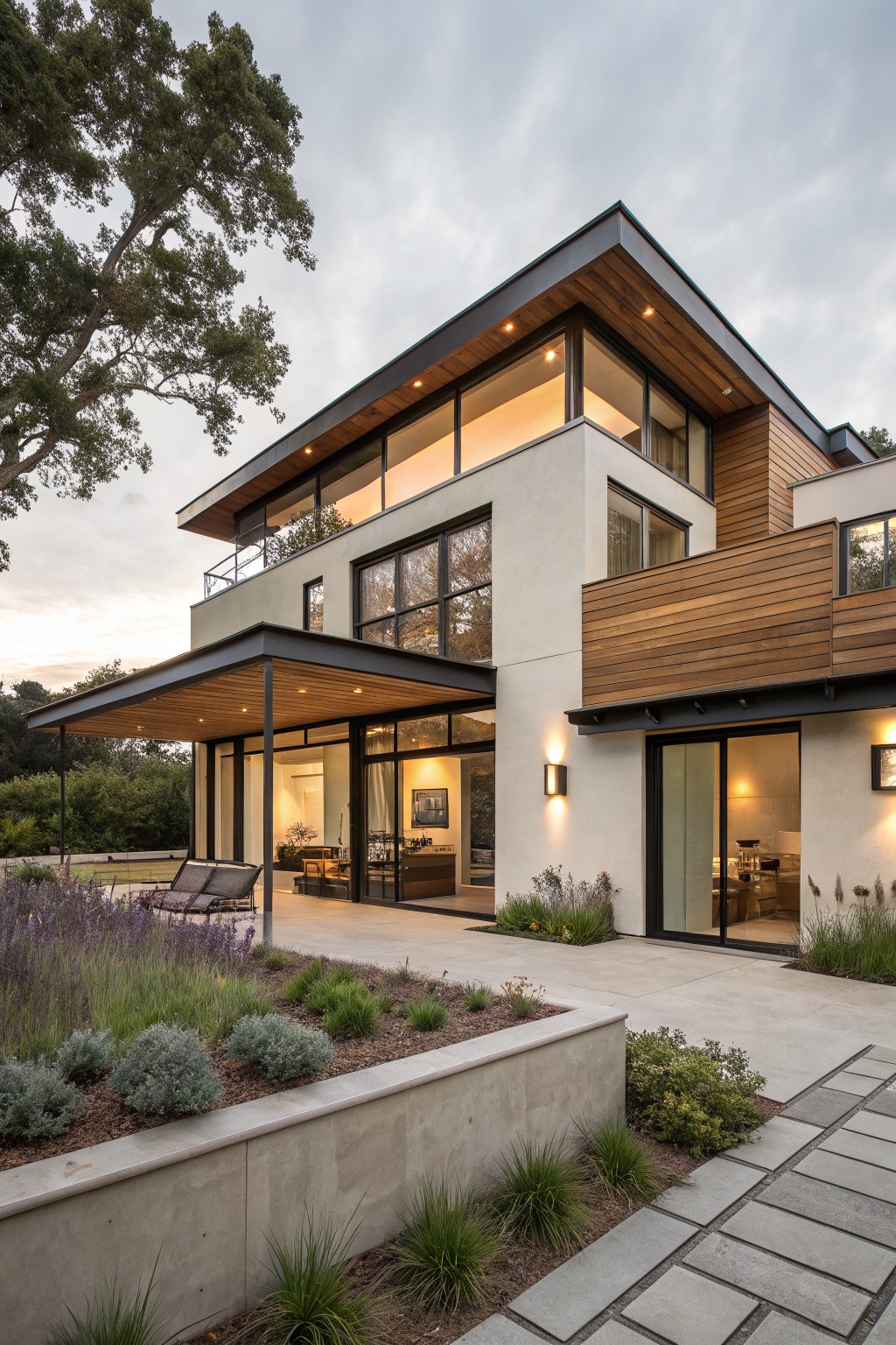 Two-story modern house exterior featuring light stucco walls, horizontal wood cladding on upper levels and balcony, large glass windows, black metal roof overhangs, covered entry porch, and surrounding landscaped yard with plants, pathway, and retaining wall.