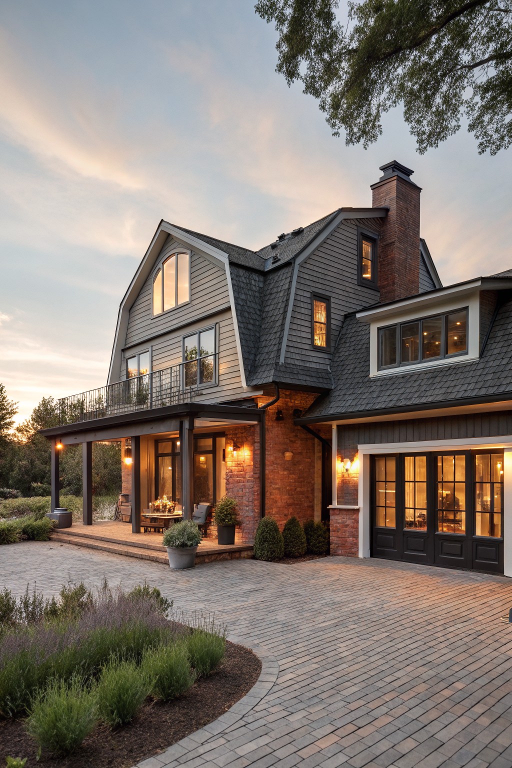 Luxurious two-story home with brick, gray siding, and lit porch at dusk.