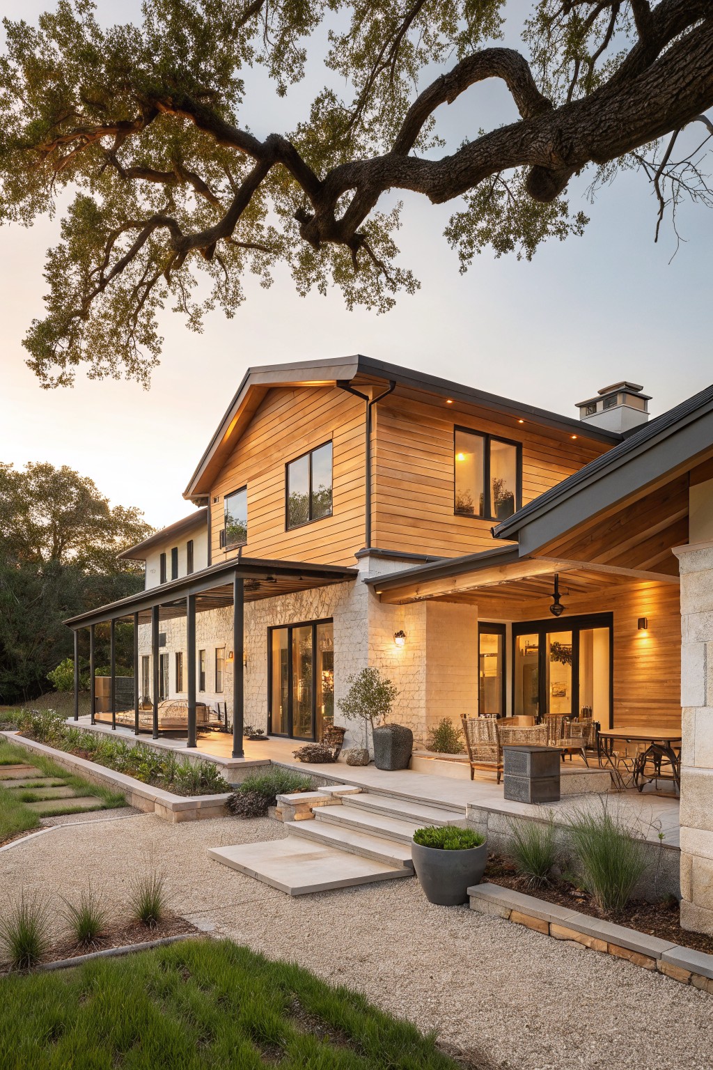 Two-story house exterior with vertical cedar siding on upper level, light stone walls and stucco on lower level, covered porch with furniture and lanterns, concrete steps to gravel path, landscaped beds, and large oak tree branches overhead at dusk.