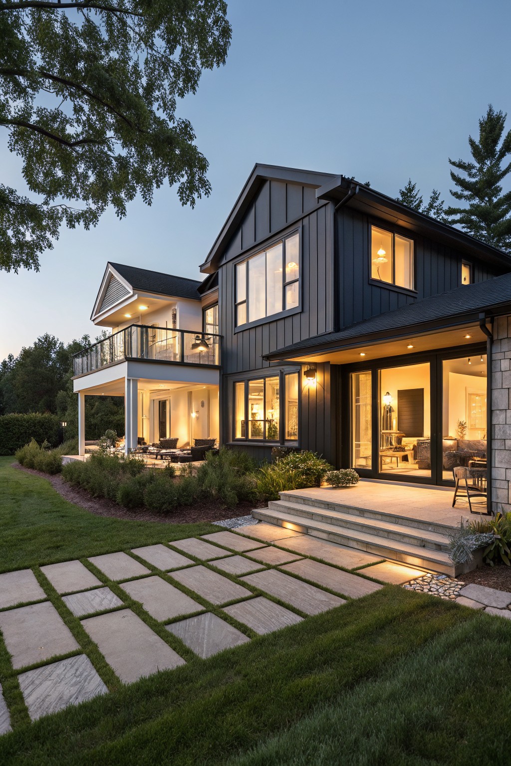 Evening photo of a two-story modern farmhouse exterior with black vertical siding on one section, white siding on an adjacent structure, large lit windows, a deck, stone entry steps, paver pathway, and surrounding lawn and shrubs.
