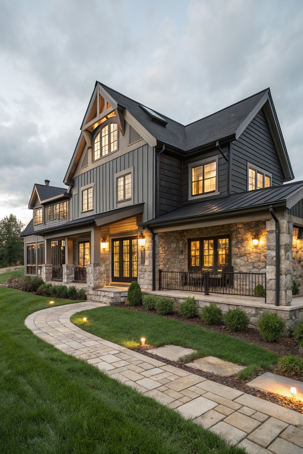 Two-story house exterior with dark gray board-and-batten siding, light stone foundation and pillars, exposed wood beams on gable, wraparound porch, and curved flagstone path through lawn under overcast sky.