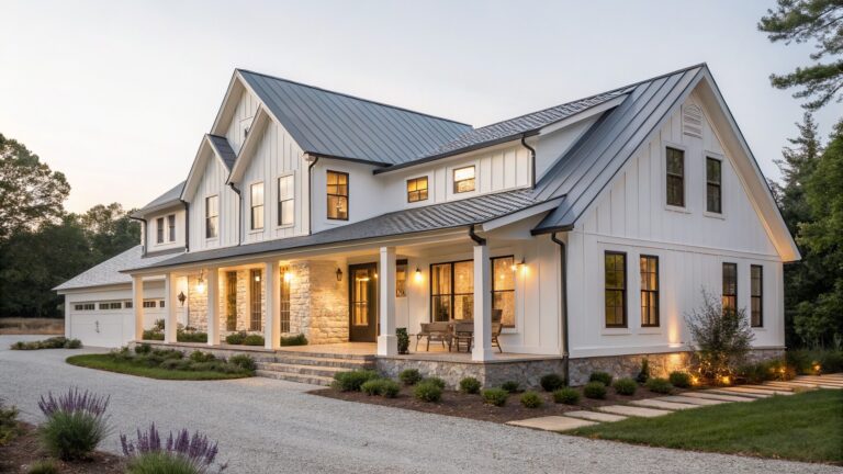 Two-story white board-and-batten farmhouse with dark metal roof, wraparound front porch on stone columns, garage wing, gravel driveway, and lavender borders at dusk.