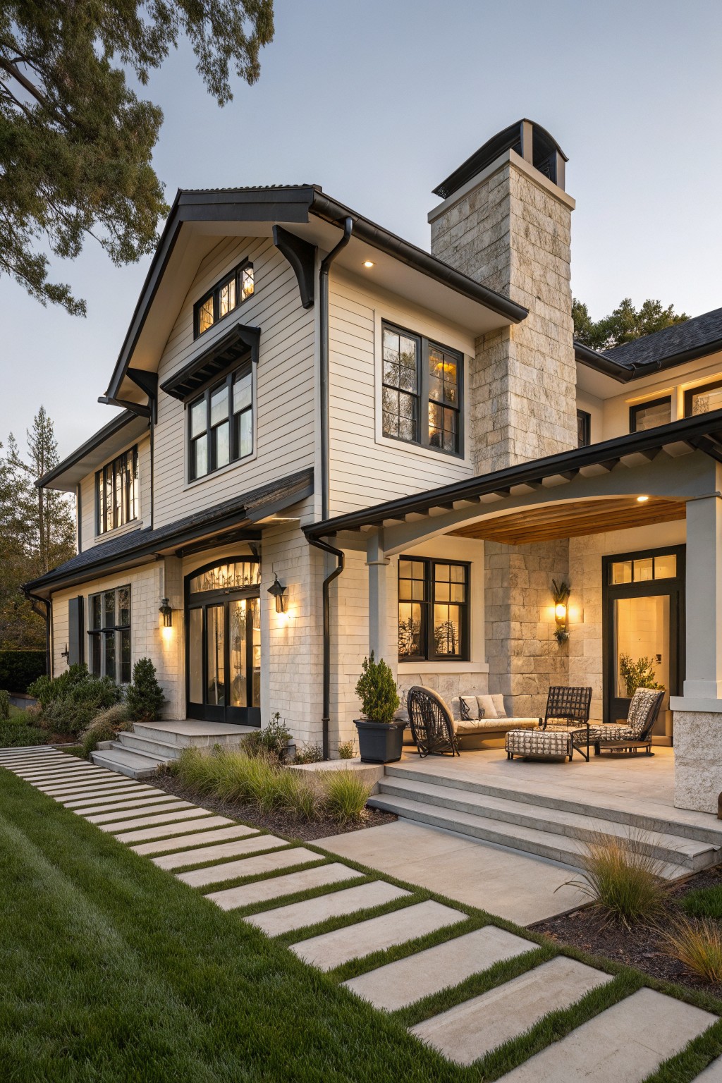 Two-story modern farmhouse house exterior with light siding, black trim on windows and roof, tall stone chimney, covered porch with wicker furniture, steps down to concrete landing, and stone paver pathway through lawn and grasses.