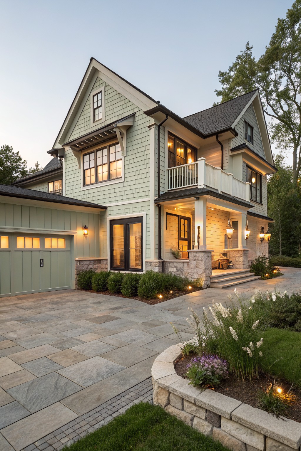 Two-story modern farmhouse house exterior with light green siding, white trim, black-framed windows, covered front porch with stone pillars, attached garage, paver driveway, low plantings, and landscape lighting at dusk.