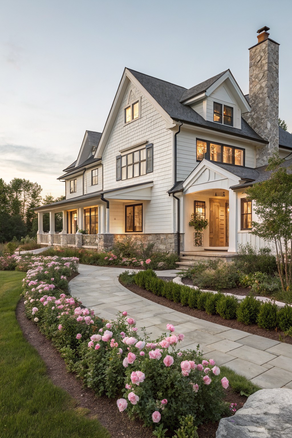 Two-story white modern farmhouse with dark gabled roof, stone chimney, covered front porch with wood door and sidelights, and curved stone pathway edged by pink rose bushes and boxwood shrubs.
