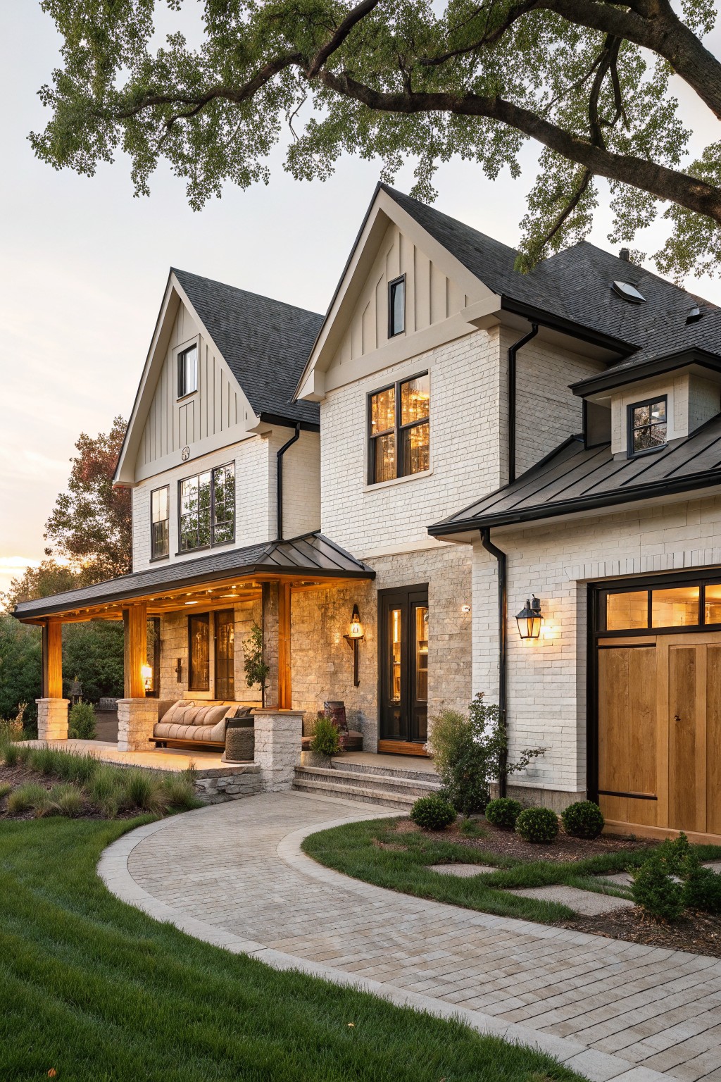 Two-story modern farmhouse house exterior with white brick lower walls, beige board-and-batten siding on gables, black metal roof, covered front porch supported by timber posts and stone pillars, wood garage door, and curved paver pathway in a grassy yard with trees at dusk.