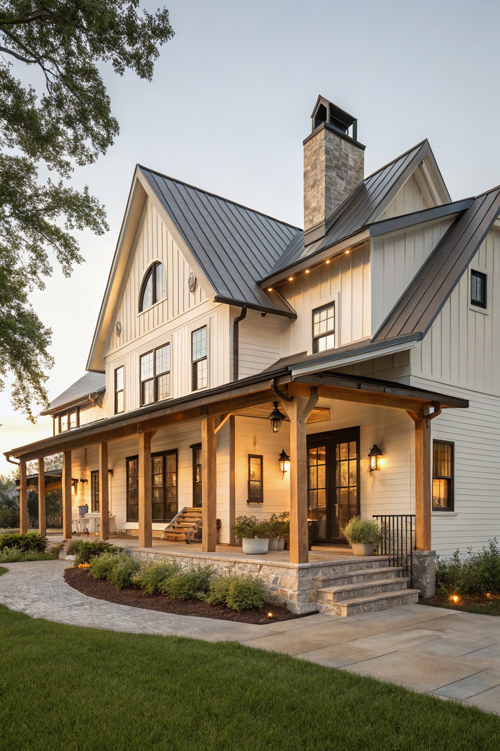 Two-story white board-and-batten farmhouse with dark standing-seam metal roof, stone chimney, wraparound porch supported by timber posts and beams, double entry doors, stone steps, and surrounding landscaping with path and plant beds.