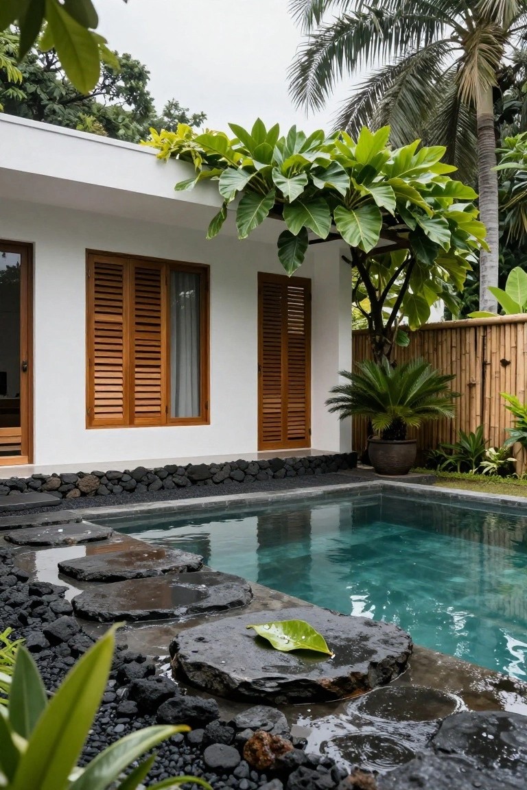 White modern house exterior with louvered wooden shutters and a glass door adjacent to a small rectangular turquoise pool, black flat stepping stones leading into the water over black lava rock groundcover, surrounded by tropical plants and a bamboo fence.
