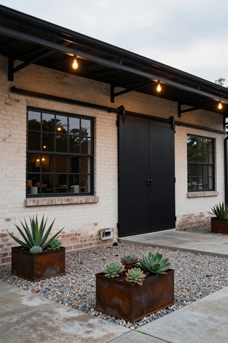Brick building exterior featuring large black sliding barn doors, black-framed windows, string lights hanging from a metal overhang, and metal planters with agave succulents on a gravel-paved area.