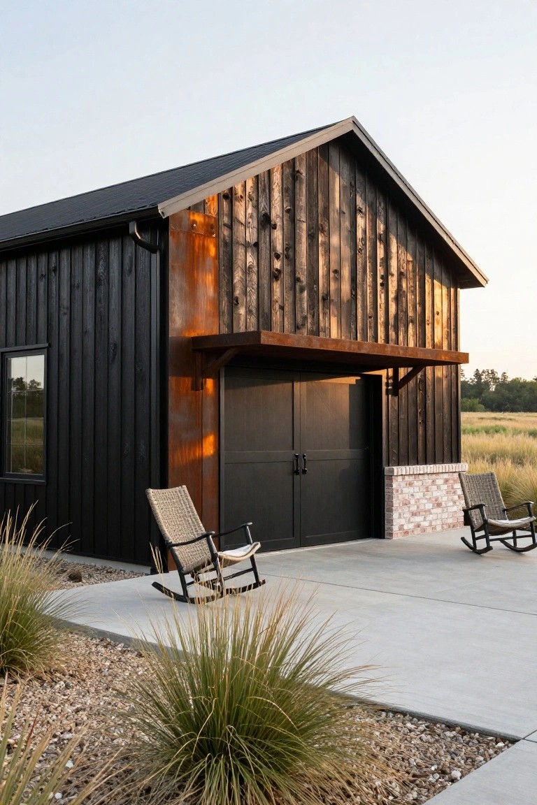 Black wood-clad barn-style garage with rusted metal awning over double black doors, two wicker rocking chairs on concrete pad, surrounded by ornamental grasses, gravel, and rural field backdrop at dusk.