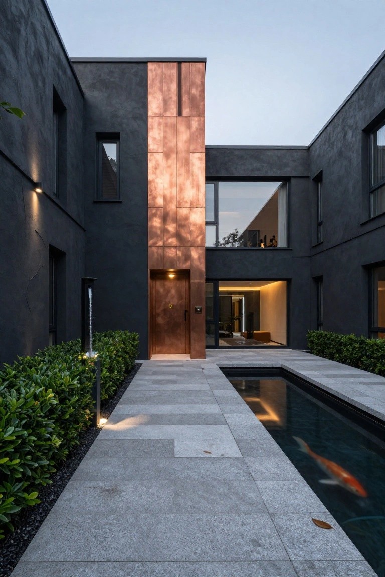 Modern house exterior with matte black stucco walls, a vertical copper panel and door at the entry, stone pathway, hedges, and narrow koi pond alongside.
