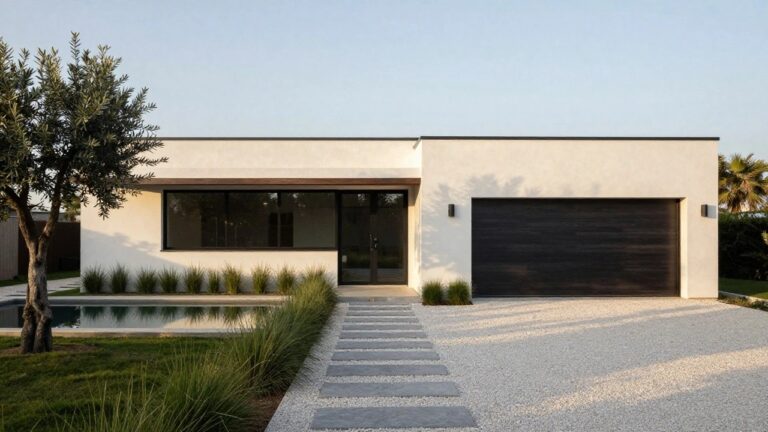 13 Modern House Exterior Aesthetic Styles That Inspire Modern white house exterior with cantilevered upper volume over wooden garage door and glass entry doors, adjacent infinity-edge pool, pebble pathway with stone steps, and tall grasses in landscaping.