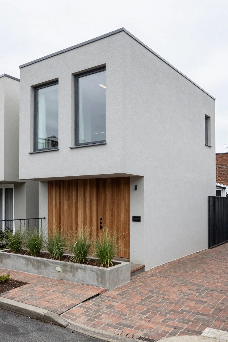 Modern boxy house with light gray stucco walls, two tall black-framed windows on the upper level, smaller window on side, double vertical timber front doors, concrete planter box with grasses, brick paver path and driveway, black metal fence.