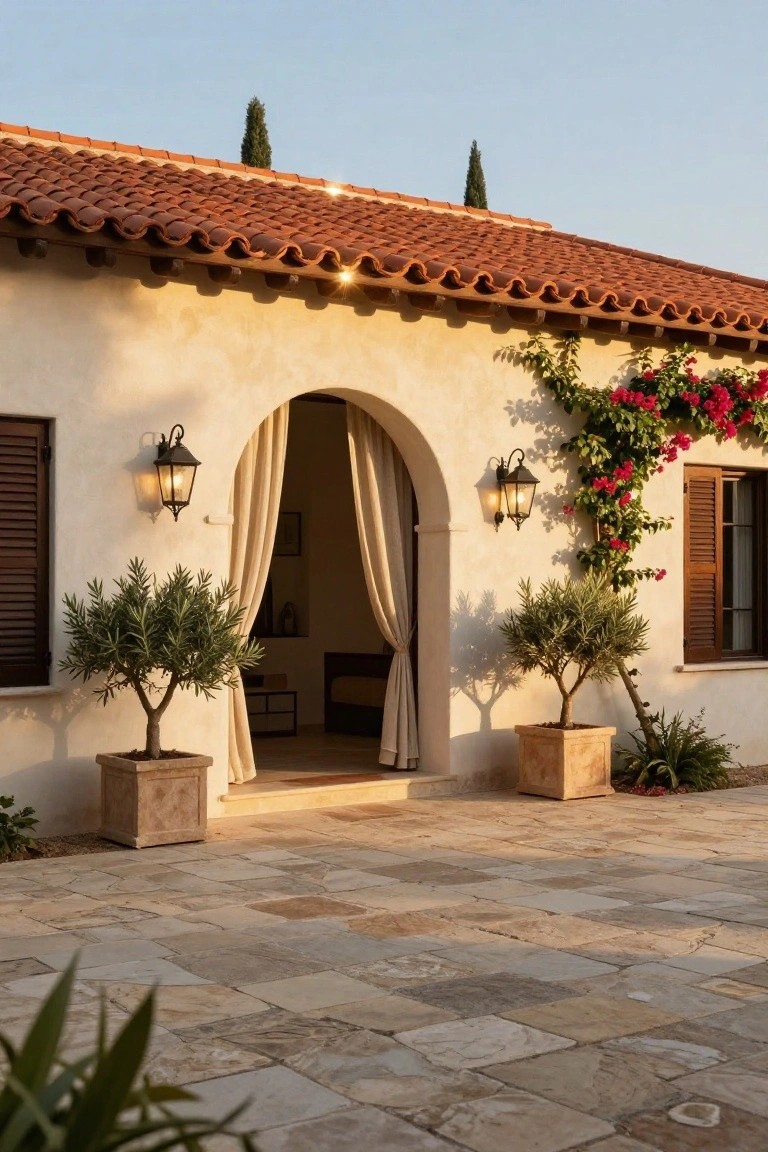 Stucco house exterior with terracotta tile roof, arched entryway with cream curtains, potted olive trees flanking the entrance, bougainvillea vines on the wall, wall lanterns, and stone patio at dusk.