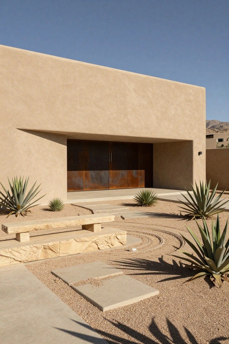 Beige stucco modern house exterior with recessed rusted metal double doors, stone bench, gravel zen garden, agave plants, and desert mountains in the background.