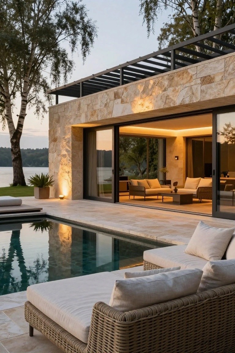 Stone house exterior with open glass doors to indoor sofas, adjacent rectangular pool on tiled terrace, white rattan loungers, potted plants, birch trees, and lake view at dusk.