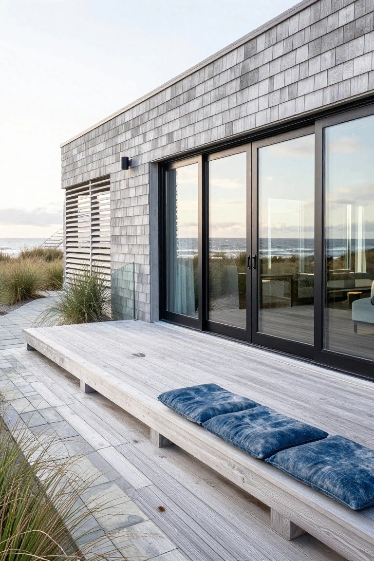 Side exterior of a modern beach house clad in gray shingle siding with black-framed sliding glass doors, a wooden deck bench with blue cushions, beach grass, and ocean view.