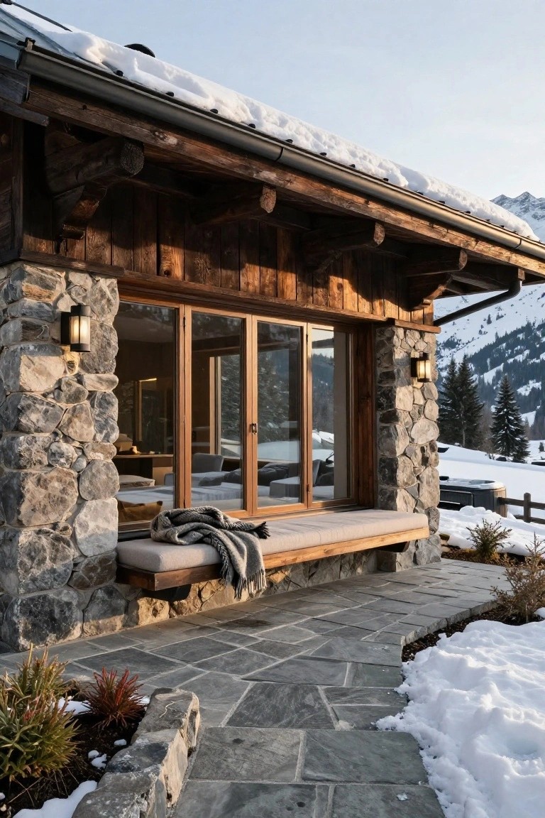 Modern chalet exterior featuring gray stone lower walls, dark wooden beams and cladding, large wooden-framed sliding glass doors, built-in wooden bench with gray blanket on stone patio, snowy ground and alpine mountains in background.