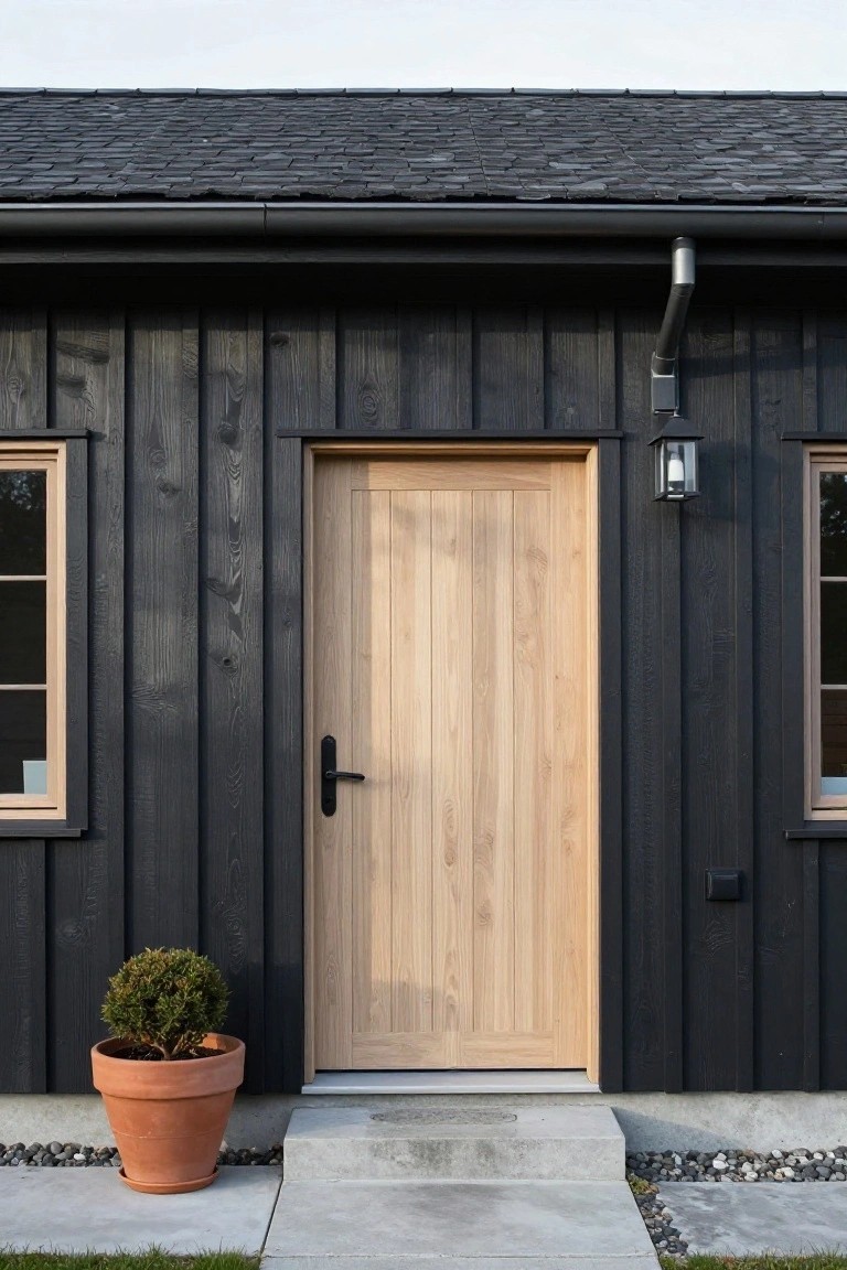 Close-up view of a house facade with black vertical wood siding, a light oak front door centered between two windows, a black wall lantern to the right, concrete entry steps, a terracotta pot with a bush plant, gravel edging, and grass nearby.