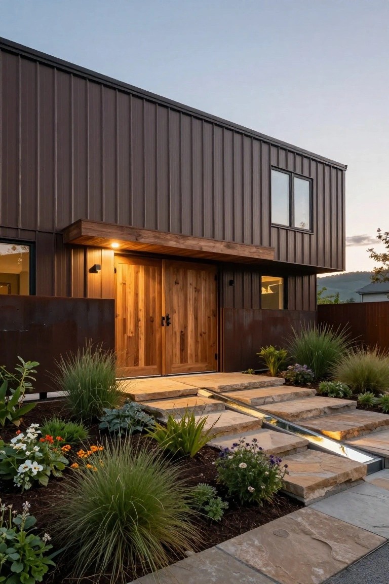 Modern single-story house with dark brown corrugated metal siding, wooden double entry doors under a cantilevered overhang, stone steps with a metal water channel, and low native plantings in the front yard at dusk.