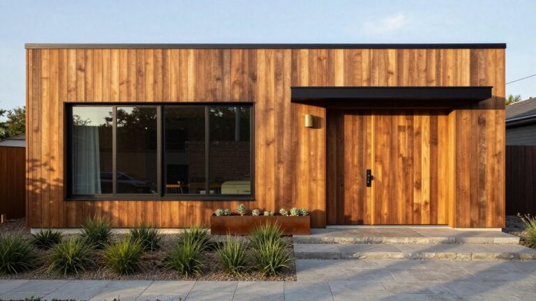 15 Modern House Exterior Brown Shades That Feel Warm and Earthy Modern house exterior with a large flush wooden garage door in rich brown tones, vertical wood siding, a slim black-framed window, brick base, concrete driveway, and low landscaping with succulents and grasses.