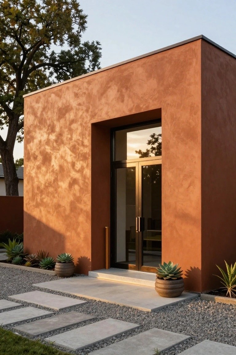 Modern house exterior featuring textured terracotta stucco walls, a large frameless glass entry door, concrete steps and pavers, gravel path edged with potted agaves and agave plants, and oak trees nearby in evening light.