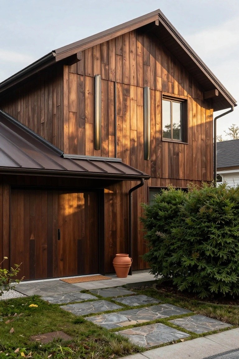 Modern house exterior featuring dark brown vertical wood cladding, sloped dark metal roof, large wooden garage door, slim metal accents, stone paver pathway, green bushes, terracotta pot, and gravel garden bed.