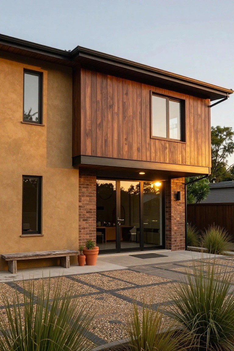 Side view of modern house with tan stucco walls, brown vertical wood cladding on upper section and entry surround, large glass sliding doors, brick trim, wooden bench, potted plants, pebble patio, and ornamental grasses at dusk.