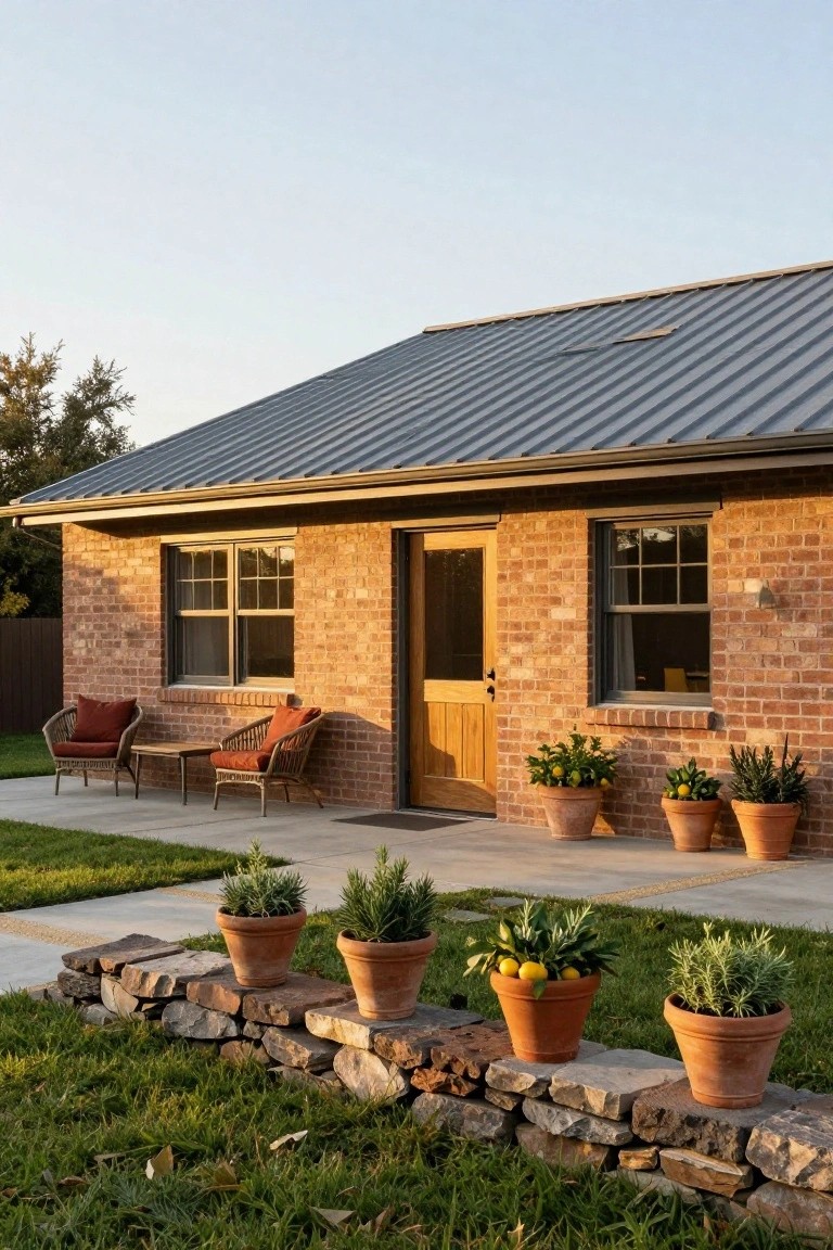 Single-story brick house exterior with warm brown bricks, standing seam metal roof, wooden entry door, two windows, rattan chairs on concrete patio, and terracotta pots with plants along the wall and stone edging.