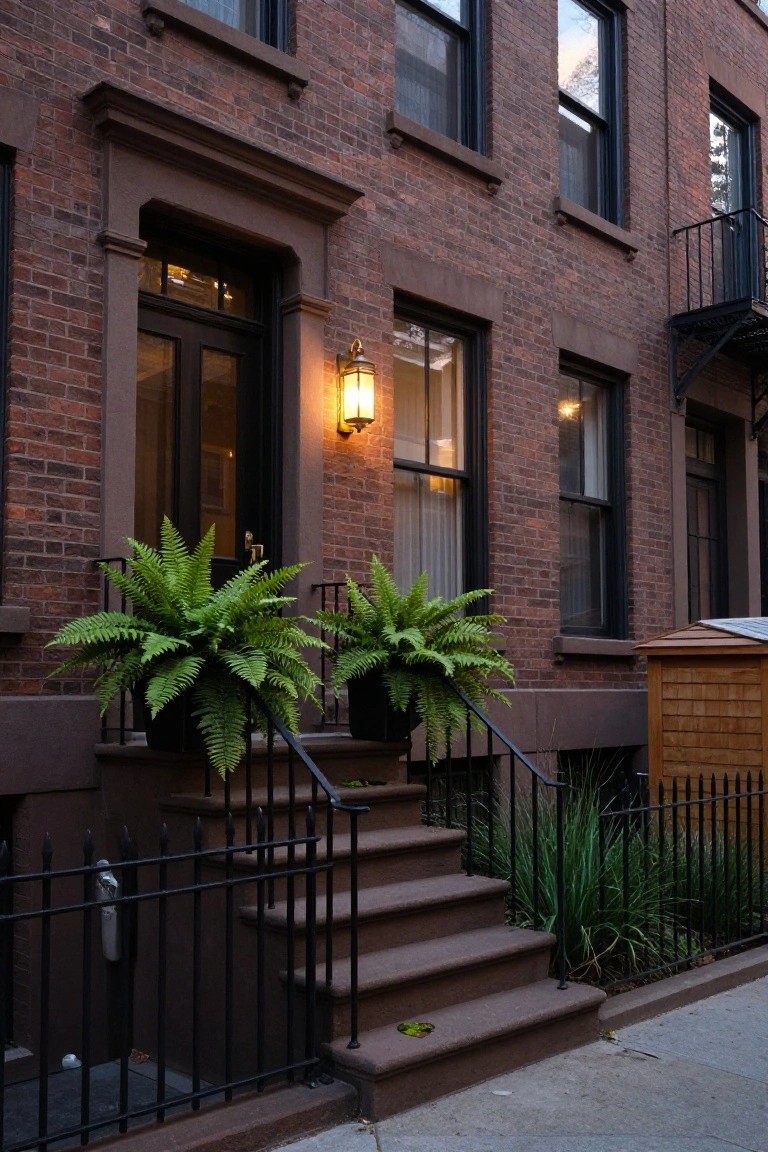 Brown brick townhouse exterior featuring a front entry door with steps, black metal railing, two large potted ferns, black-framed windows, and a small front garden fence.