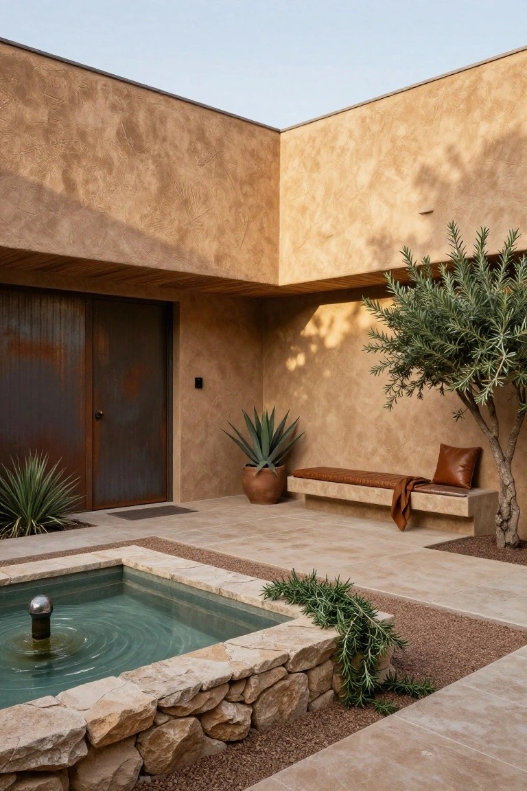 Corner exterior of a modern house with textured beige plaster walls, rusted corrugated metal double door, small square fountain pool with metal bubbler, agave plants in terracotta pot, olive tree with leather bench, and stone borders on tiled patio.
