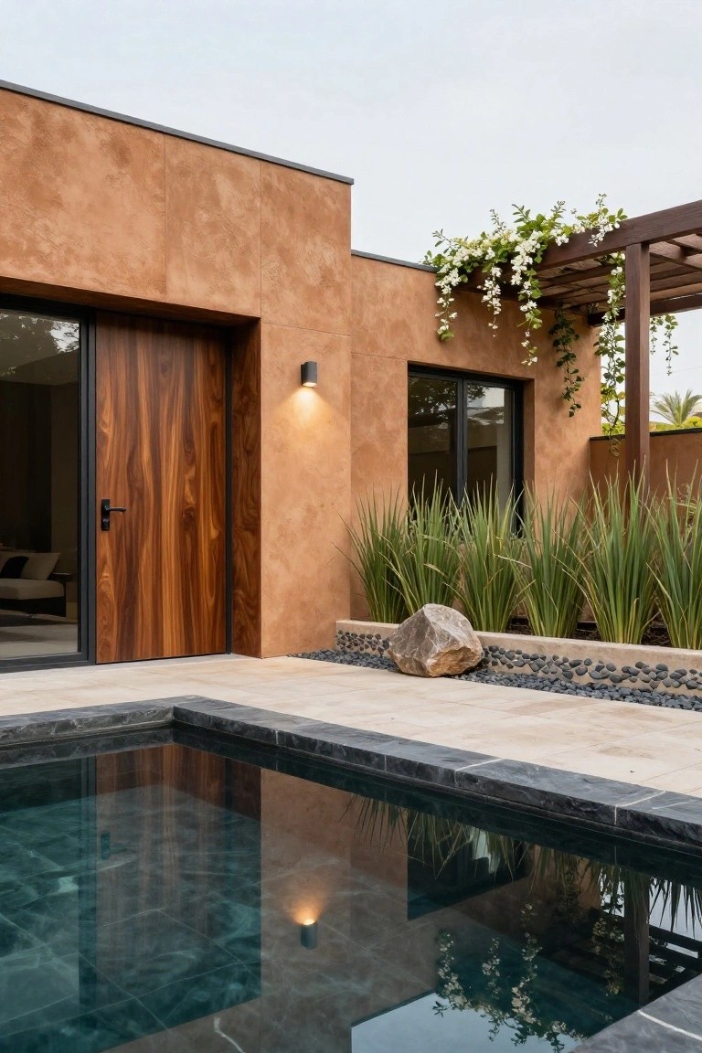 Modern house exterior featuring textured light brown stucco walls, a tall dark wood entry door with black frame, black-framed windows, an adjacent rectangular pool with dark coping, tall grasses, vines on a pergola, and a large rock nearby.