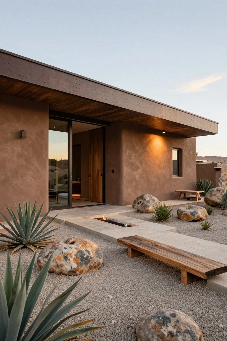 Modern single-story house exterior with textured brown stucco walls, wooden sliding door and overhang, small window, and front landscaping of agave plants, boulders, gravel ground cover, wooden bench, and linear fire feature along a stone pathway at dusk.