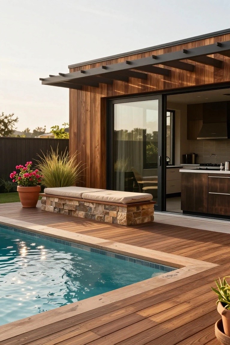 Modern house exterior with warm brown vertical wood battens and horizontal cladding under a shaded overhang, black-framed sliding glass doors open to an indoor kitchen, cushioned bench on stone base beside a rectangular pool on wooden deck, potted plants and greenery nearby.
