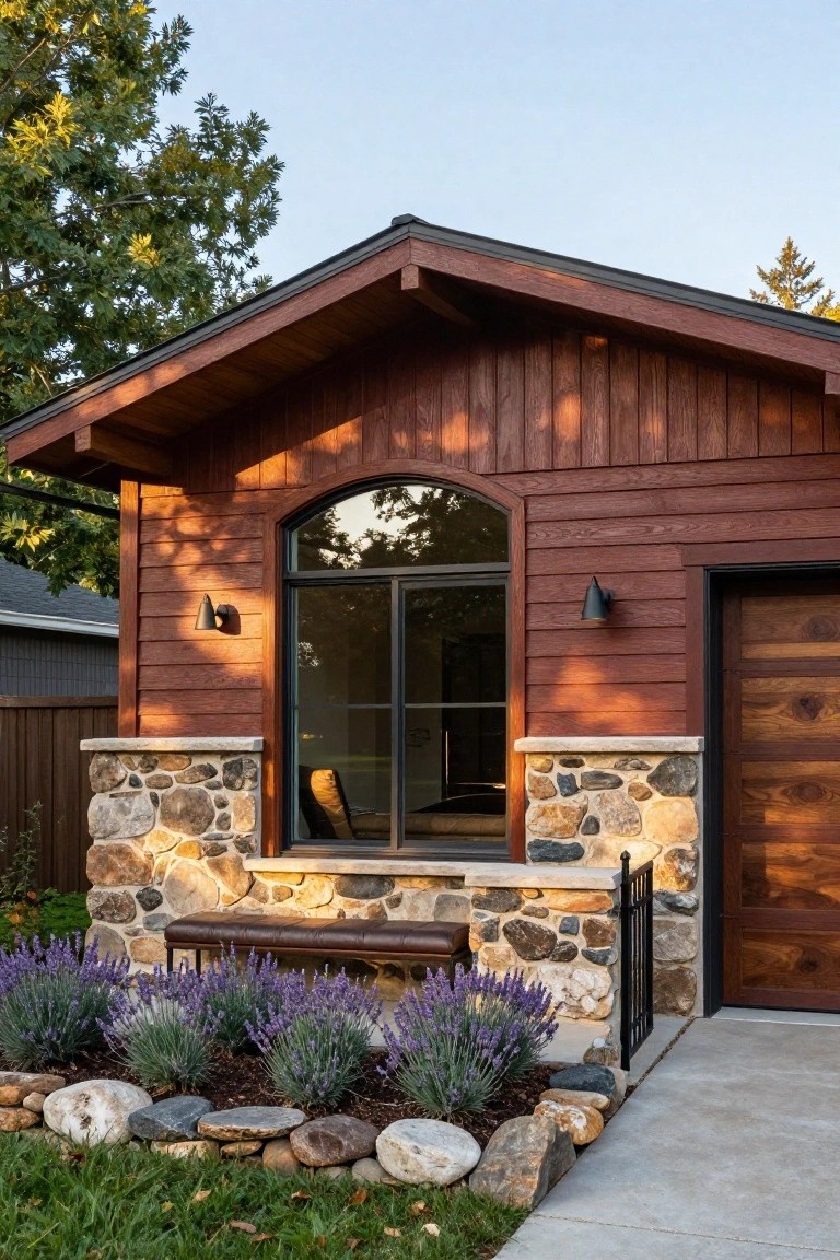 House exterior with reddish-brown vertical wood siding, arched black-framed window, stone pillars with a bench, wooden garage door, lavender plants, and rock-edged garden bed.