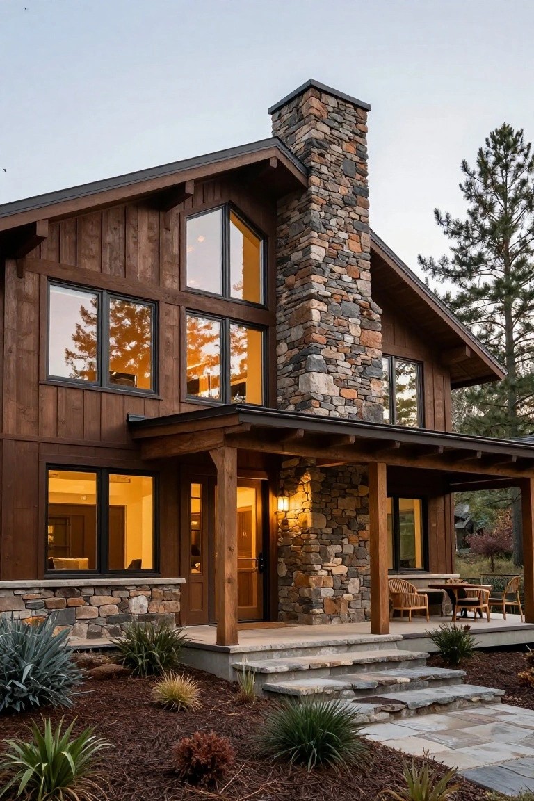 Two-story house exterior featuring dark brown horizontal wood siding, a tall multicolored stone chimney, large triangular and rectangular windows, wooden porch with furniture, stone steps, desert plants, and pine trees in the background at dusk.
