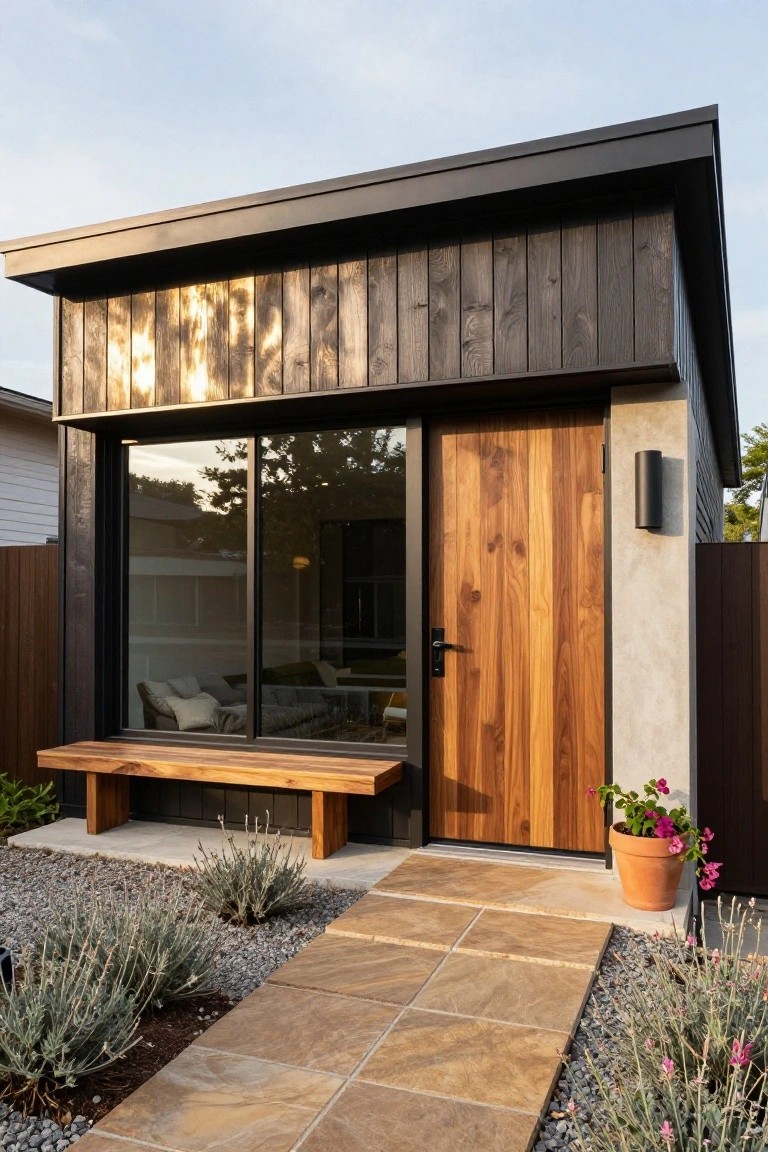 Small modern backyard structure with dark vertical wood siding, large glass sliding window, warm wood entry door and bench, concrete pillar, stone pathway, gravel ground cover, and lavender plants.