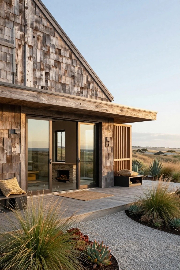 Modern house corner with vertical weathered brown wood shingle siding, large sliding glass doors opening to a wooden deck, surrounded by grasses, succulents, and gravel paths.