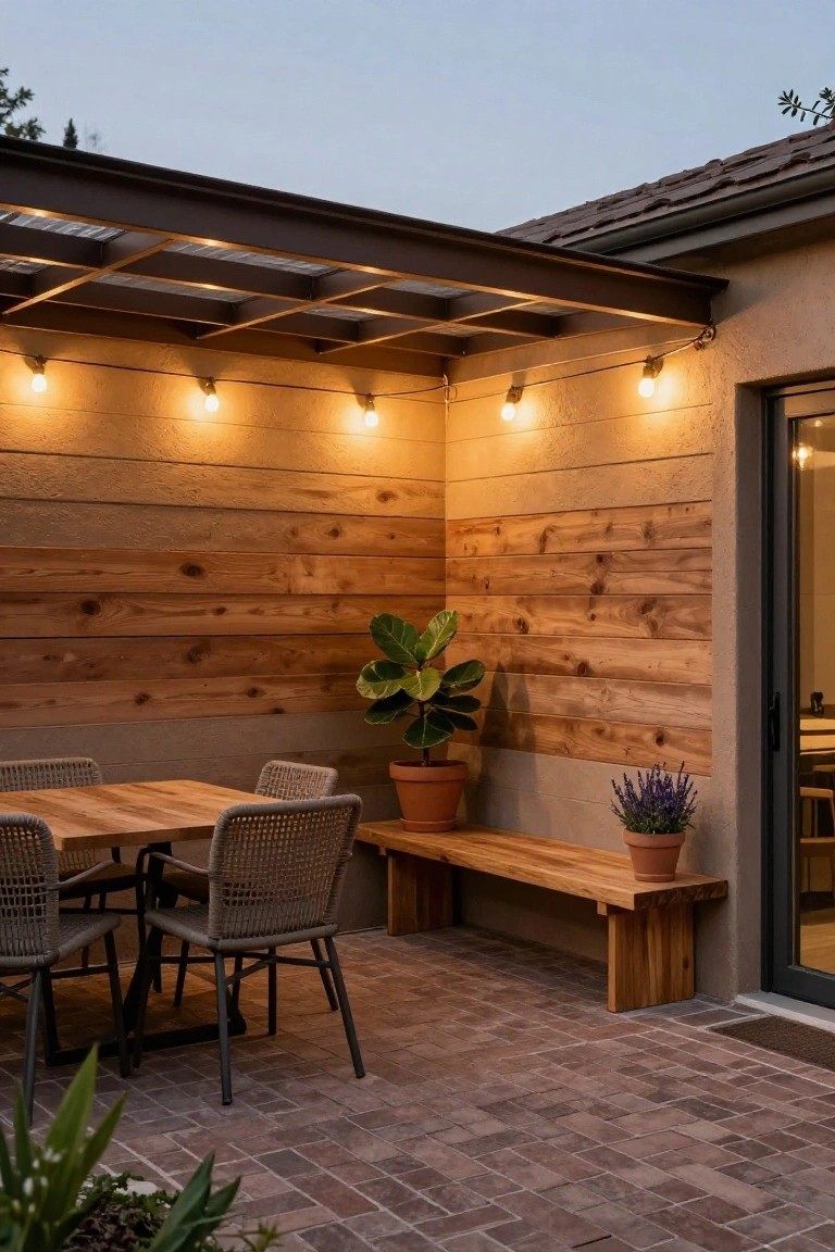 Outdoor patio under metal pergola with string lights strung across, wooden dining table and rattan chairs, built-in wooden bench against vertical wood-clad wall, potted fiddle leaf fig and lavender plants on brick paver floor next to house door.