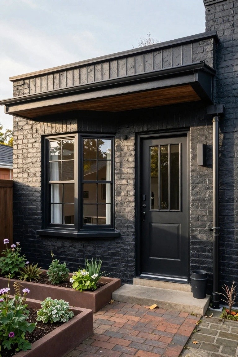 Black brick house exterior with a wooden awning over a dark front door and bay window with black frames, flanked by raised planters and a brick pathway.
