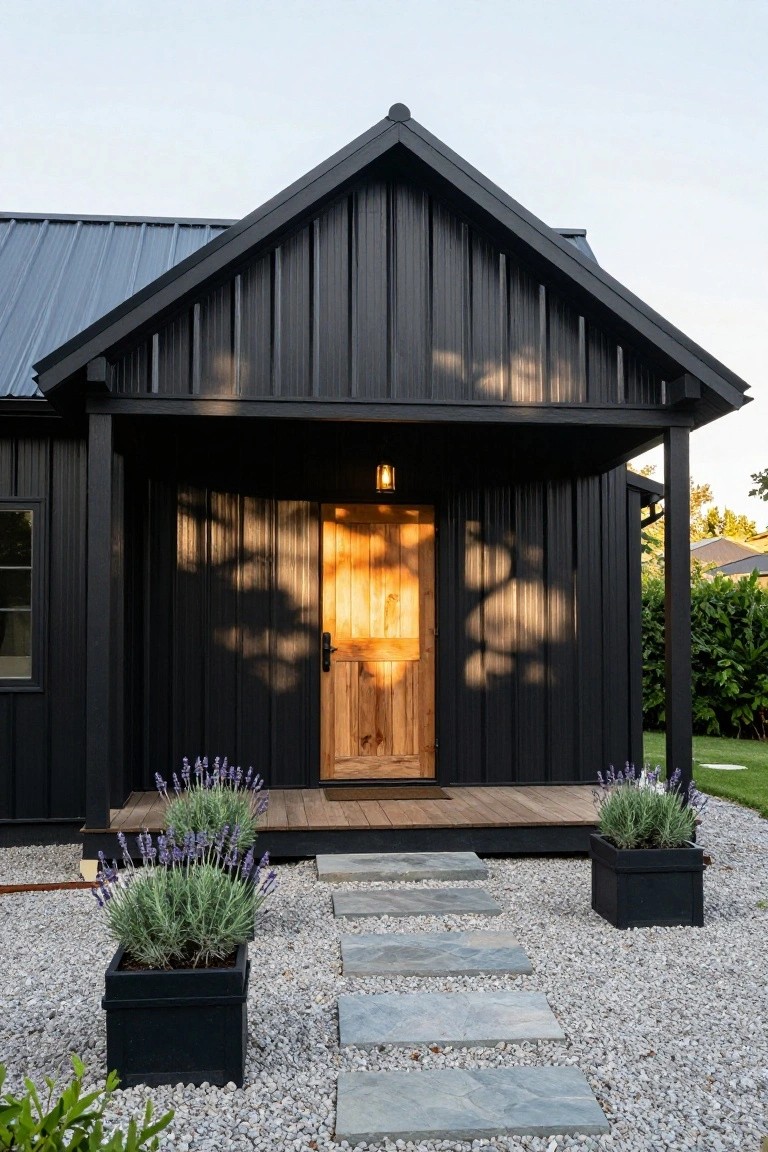 Small black corrugated metal-sided house with gabled roof, covered porch, wooden front door, black pots of lavender plants, stone steps, and gravel yard.