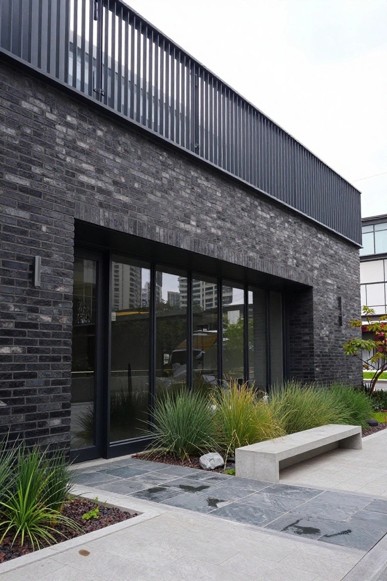 Modern house exterior with black brick walls, large glass entry doors and windows, upper metal railing, front landscaping of grasses and a concrete bench on gray stone pavers.