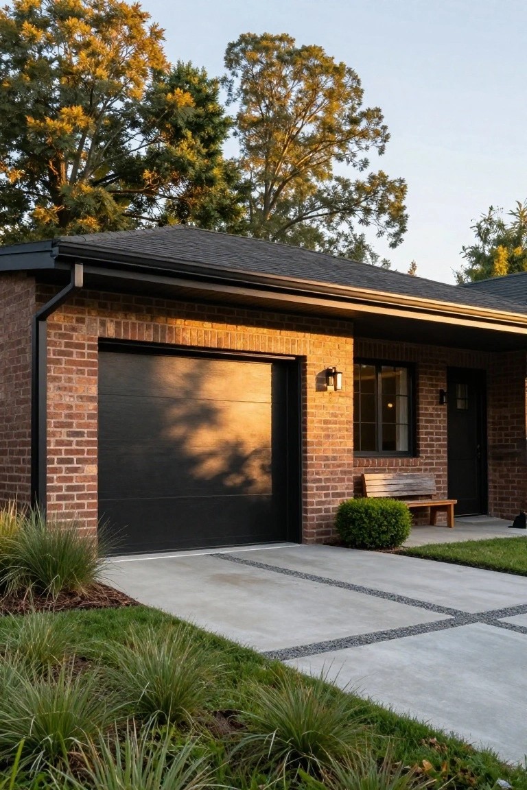 A single-story brick house exterior with a large black garage door, dark front door and window frames, wooden bench on porch, and low landscaping along the concrete driveway.