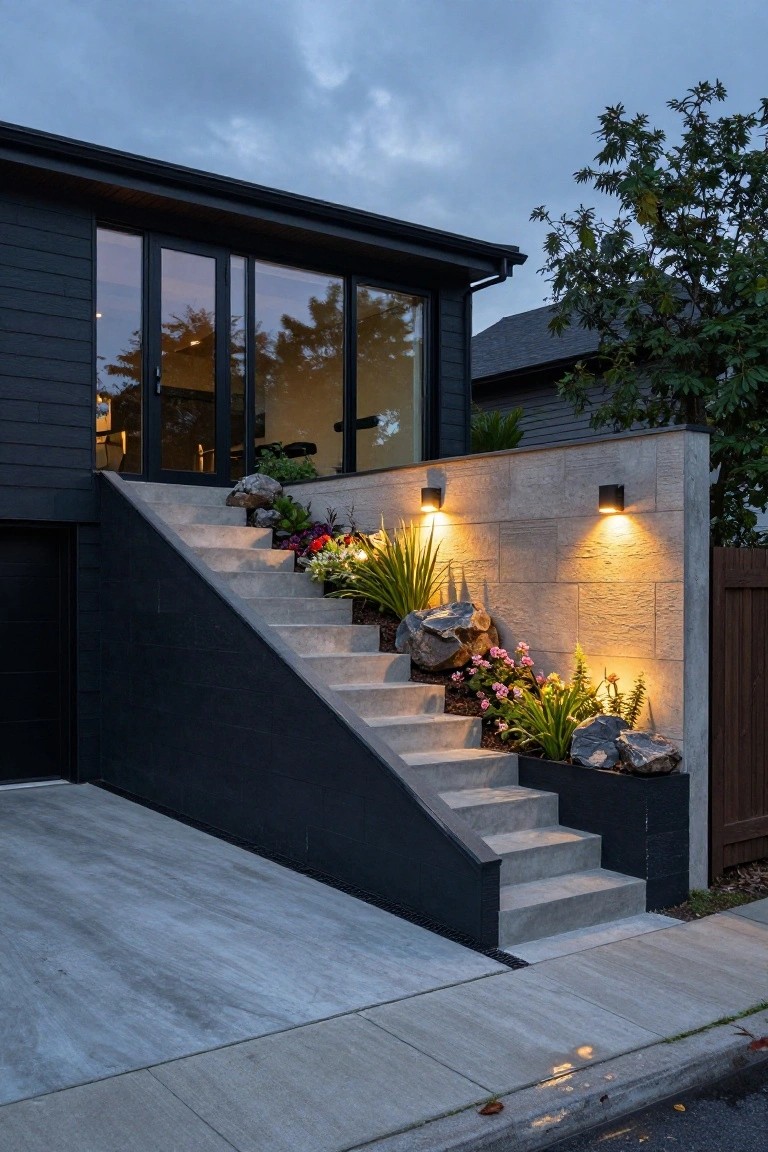 Modern house with dark wood siding and large glass doors at the top of wide dark concrete stairs, with integrated rocks and plants along the steps, stone retaining walls with wall lights, and a concrete driveway beside a wooden fence.