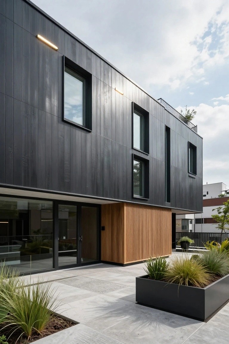 Modern two-story house exterior featuring black vertical wood cladding, narrow recessed windows, a ground-level entry with vertical light wood panels and large glass doors, concrete paving, and large black planters with ornamental grasses.