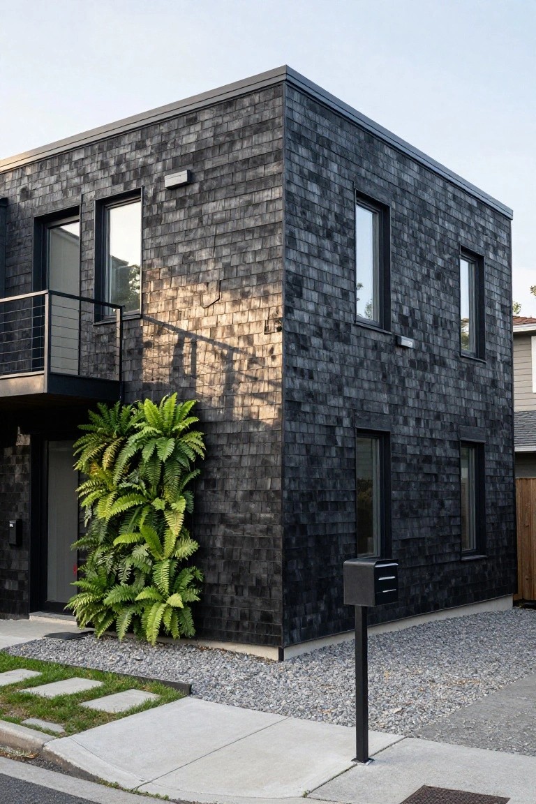 Corner view of a modern two-story house clad in dark rectangular shingles, with a metal balcony railing, large windows, a potted fern plant by the entrance, and gravel landscaping around a concrete path.