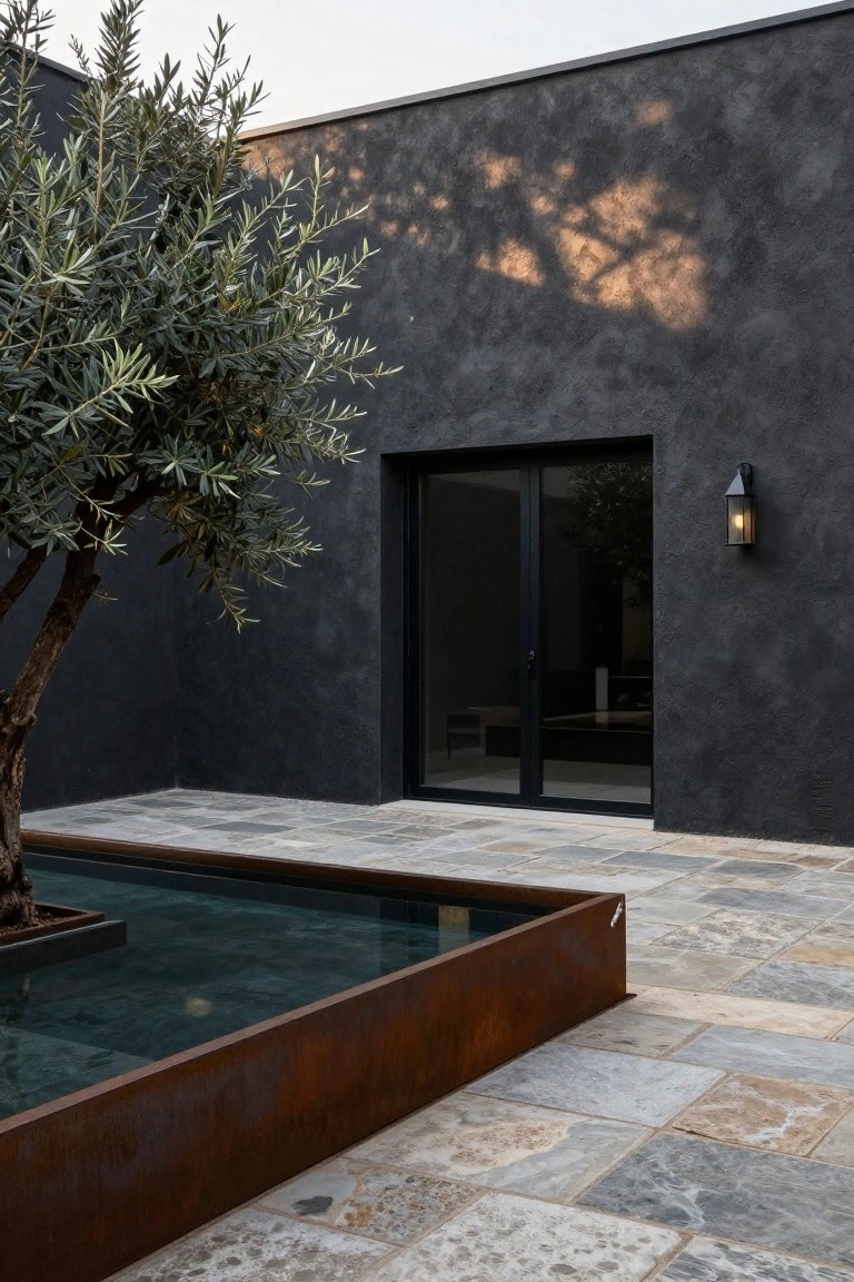 Dark textured stucco wall of a modern house with black sliding glass door, wall lantern light, olive tree, and rectangular reflecting pool edged in rusted metal on stone tile patio.