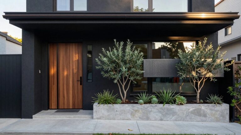 11 Modern House Exterior Dark Tones That Feel Bold Two-story modern house with matte dark gray exterior walls, wooden front door, metal mesh balcony, large windows, concrete steps, and succulents plus an olive tree in a front planter.