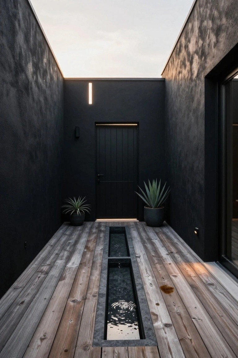 Narrow wooden deck in a dark-walled courtyard with a central linear water channel, black entry door, agave plants in black pots, vertical light fixture, and glass door on one side, under an open sky at dusk.